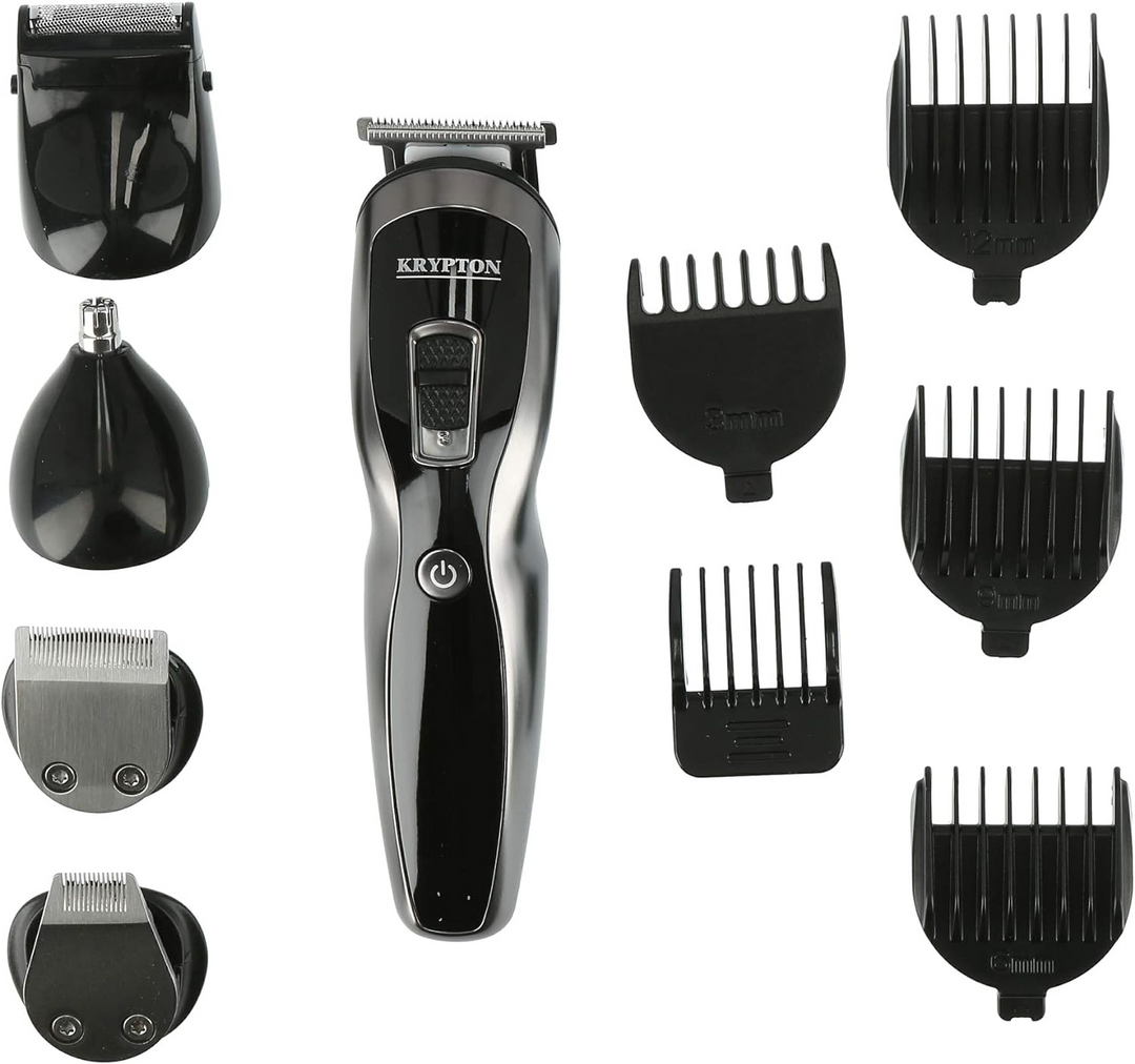 Cordless hair and beard trimmer with attachment heads and charging base