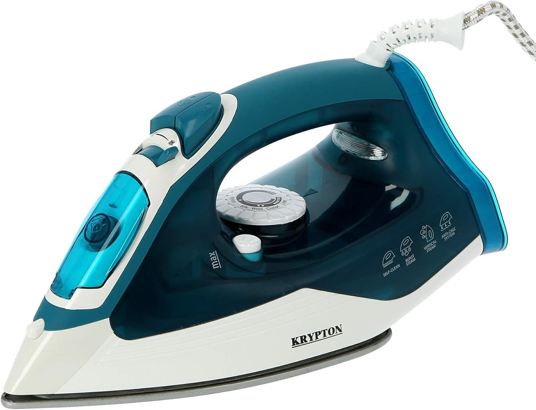 Steam iron angled to show handle, buttons, and soleplate edge