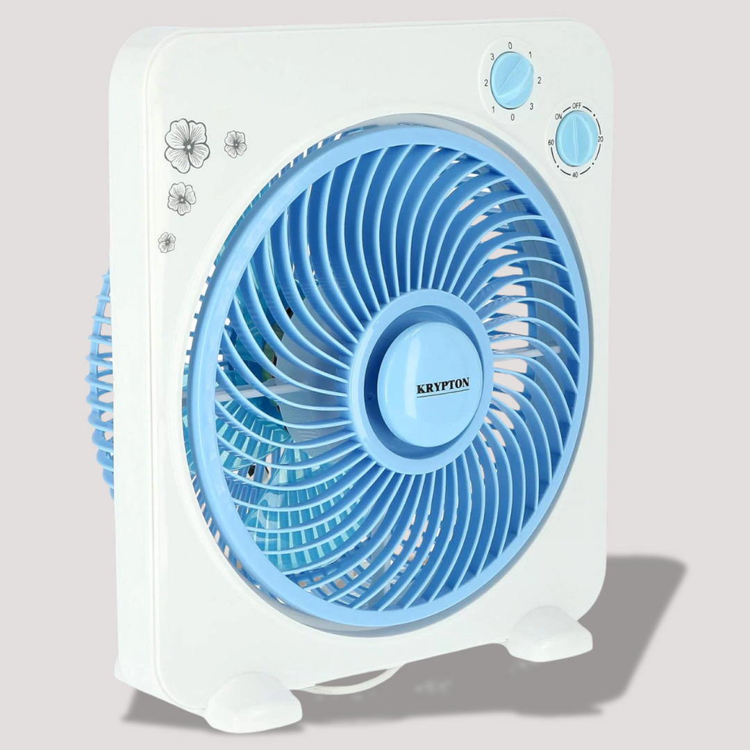 Compact table fan with blue blades and white body for home use