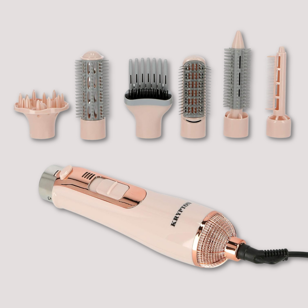 Hot air hair styler with multiple interchangeable brush and curling attachments displayed above the handle