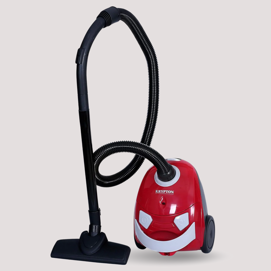 Red canister vacuum cleaner with flexible hose and floor nozzle