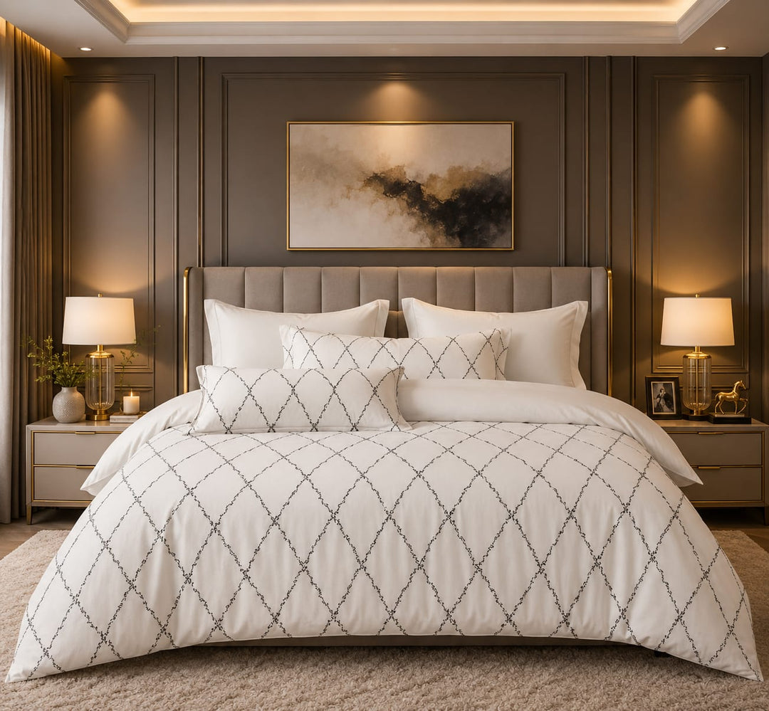 A luxury bedroom featuring a bed dressed in a white duvet cover and pillows 