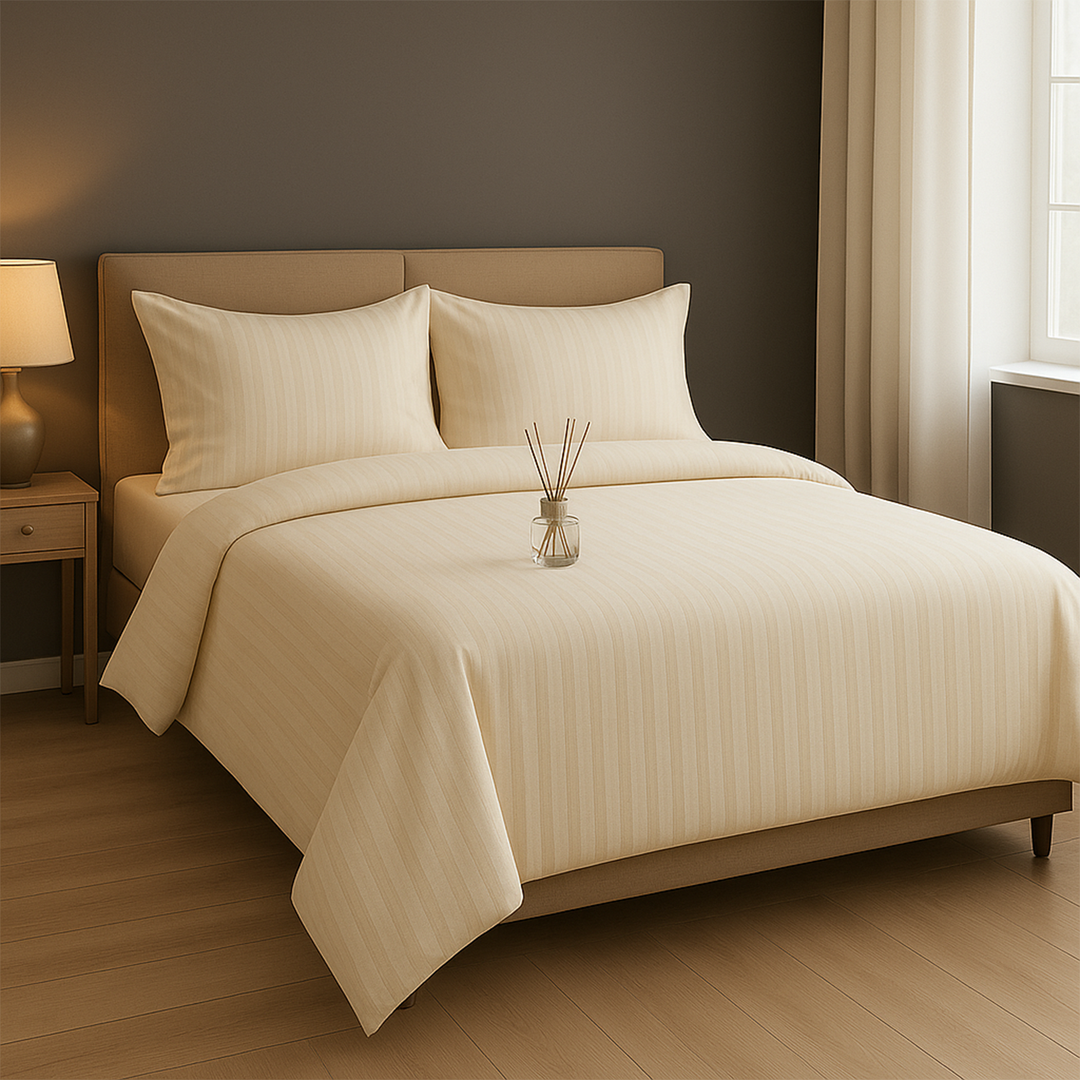 Cream striped bedding set with duvet cover, fitted bedsheet, and matching pillow covers, neatly styled on a bed