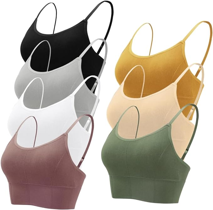 A stack of five women's tube top bras in multiple colors including black, beige, white, green, and purple.