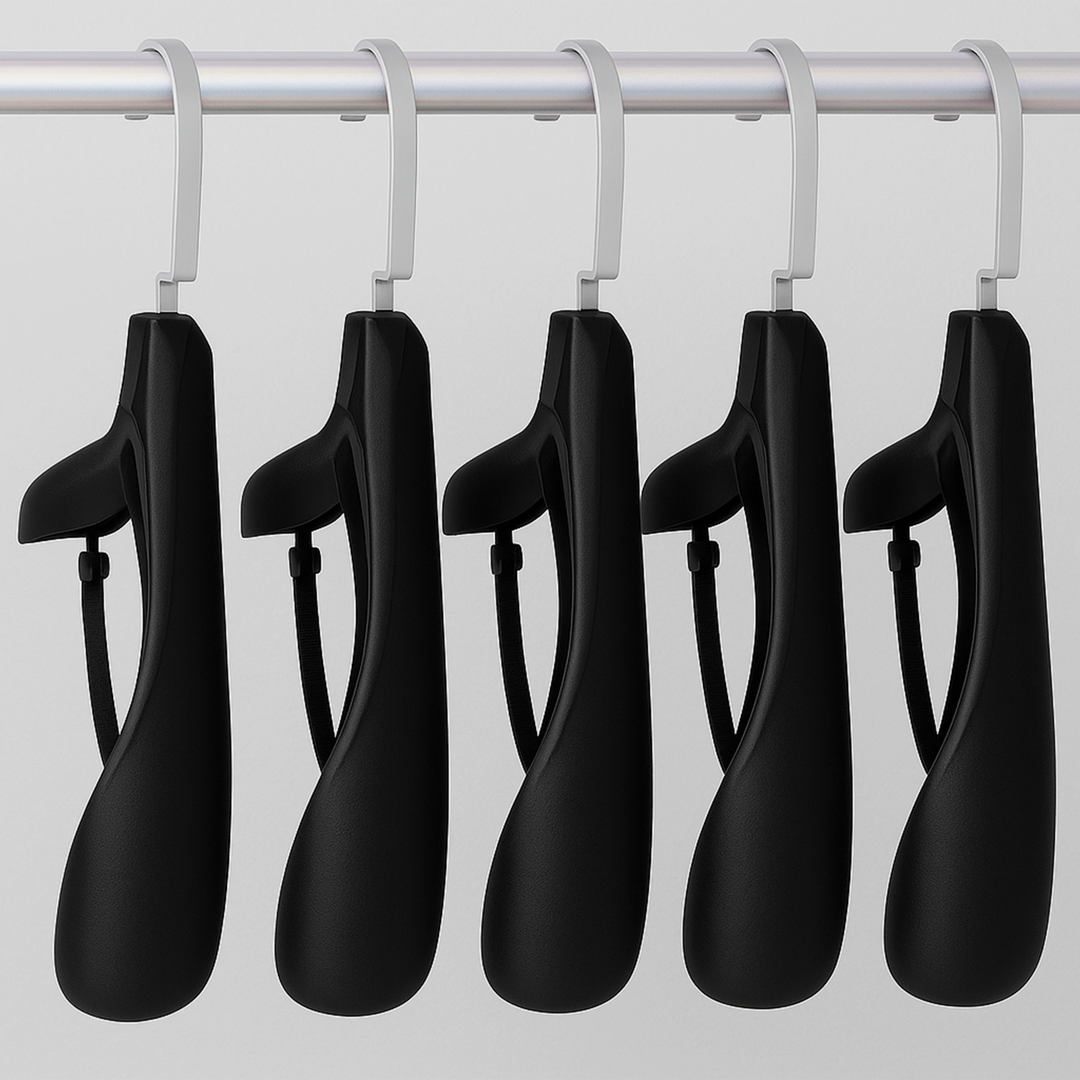 Black adjustable clothes hanger with metal hooks on wardrobe rail