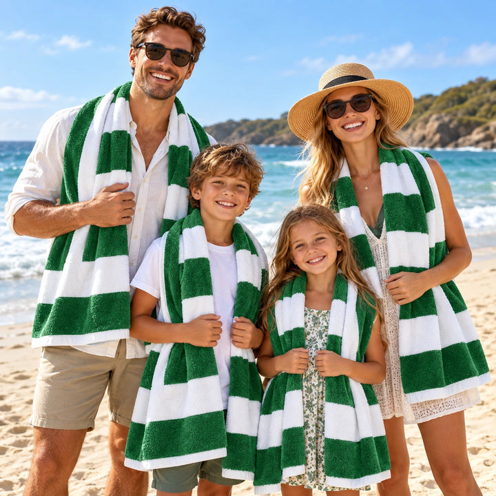 4 PCs Premium 100% Cotton Beach Towel Set 450 GSM, Soft Striped Absorbent Beach Towel Set