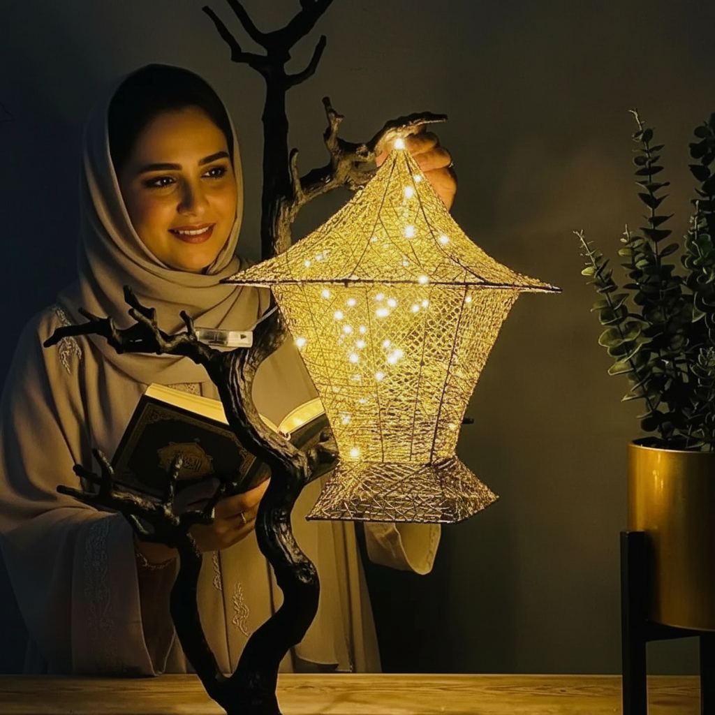 MOONCEE 3D Gold Ramadan Lantern with LED Lights - Decorative Lamp for Home & Events