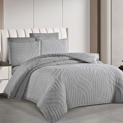 Grey bedding set with textured duvet cover, fitted sheet, and pillowcases