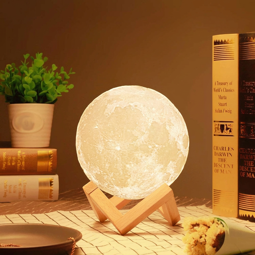 3D moon lamp with wooden stand and warm LED light