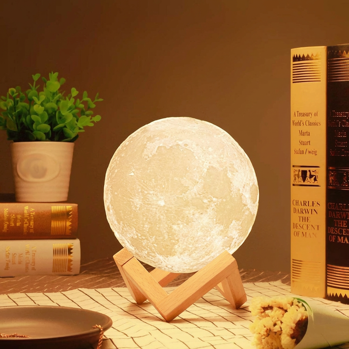 3D moon lamp with wooden stand and warm LED light