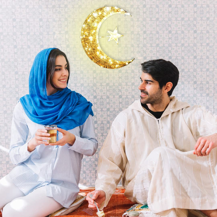 Ramadan Crescent LED Lantern Light – 3D Golden Hilal Eid Mubarak Home Decor Lamp