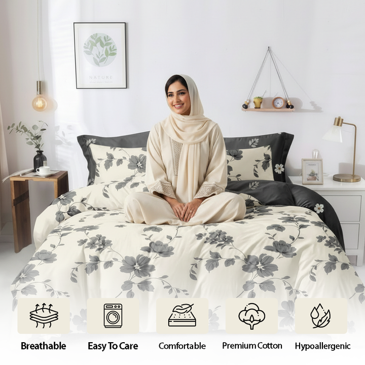 Cream and grey bedspread with floral print