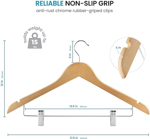 MOONCEE 10 Pcs High-Grade Wooden Suit Clothes Hangers Skirt Hangers with Clips Solid Wood Pants Hangers Smooth Finish Premium Wood Hangers with Durable Metal Clips for Coat, Blouse, Dress, Jacket
