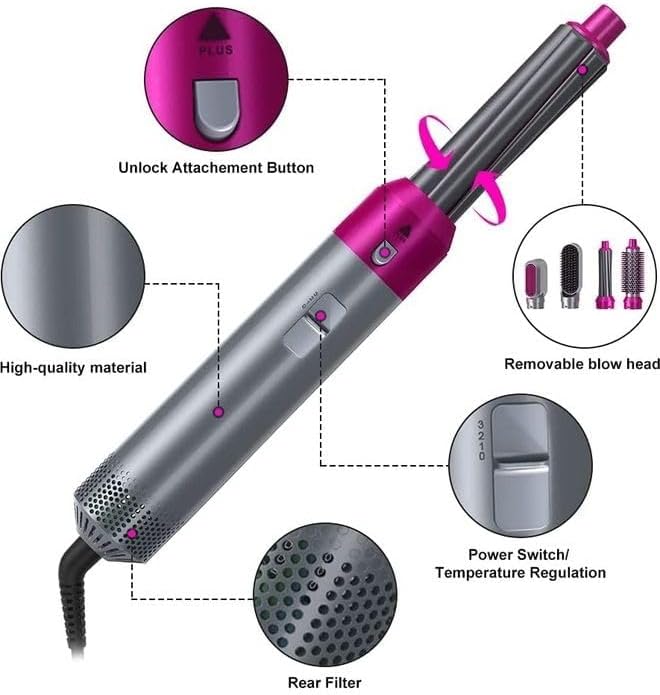 5 In 1 Hair Dryer and Volumizer Rotating Hair Dryer Tool Set Grey 28 x 22 x 5cm