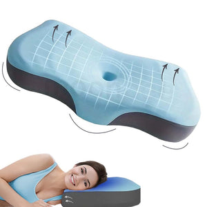 Blue ergonomic contour pillow with neck support and central hollow design
