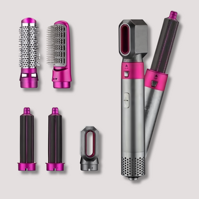 Hair styling device with interchangeable curling, brush, and airflow attachments