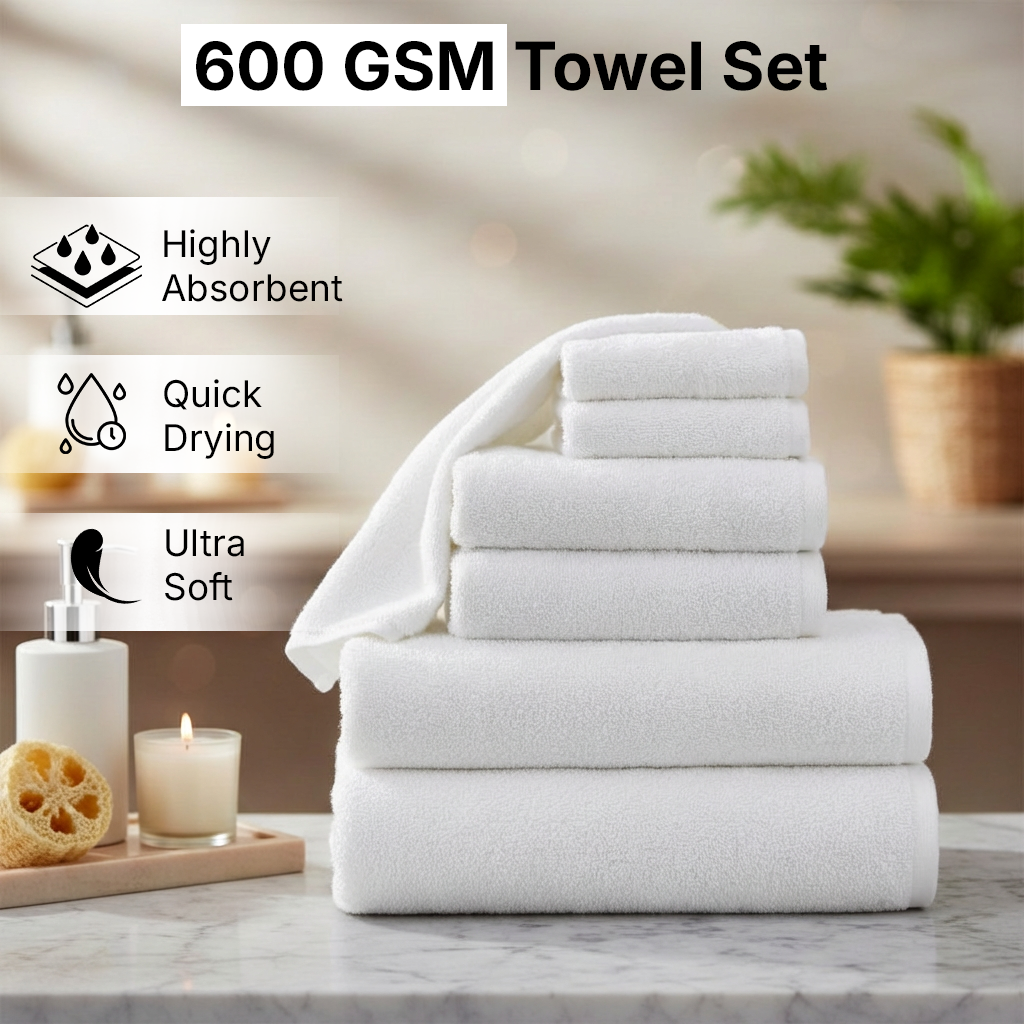 6 PCs White Cotton Towel Set - Hotel Quality Towels for Daily Comfort (White)