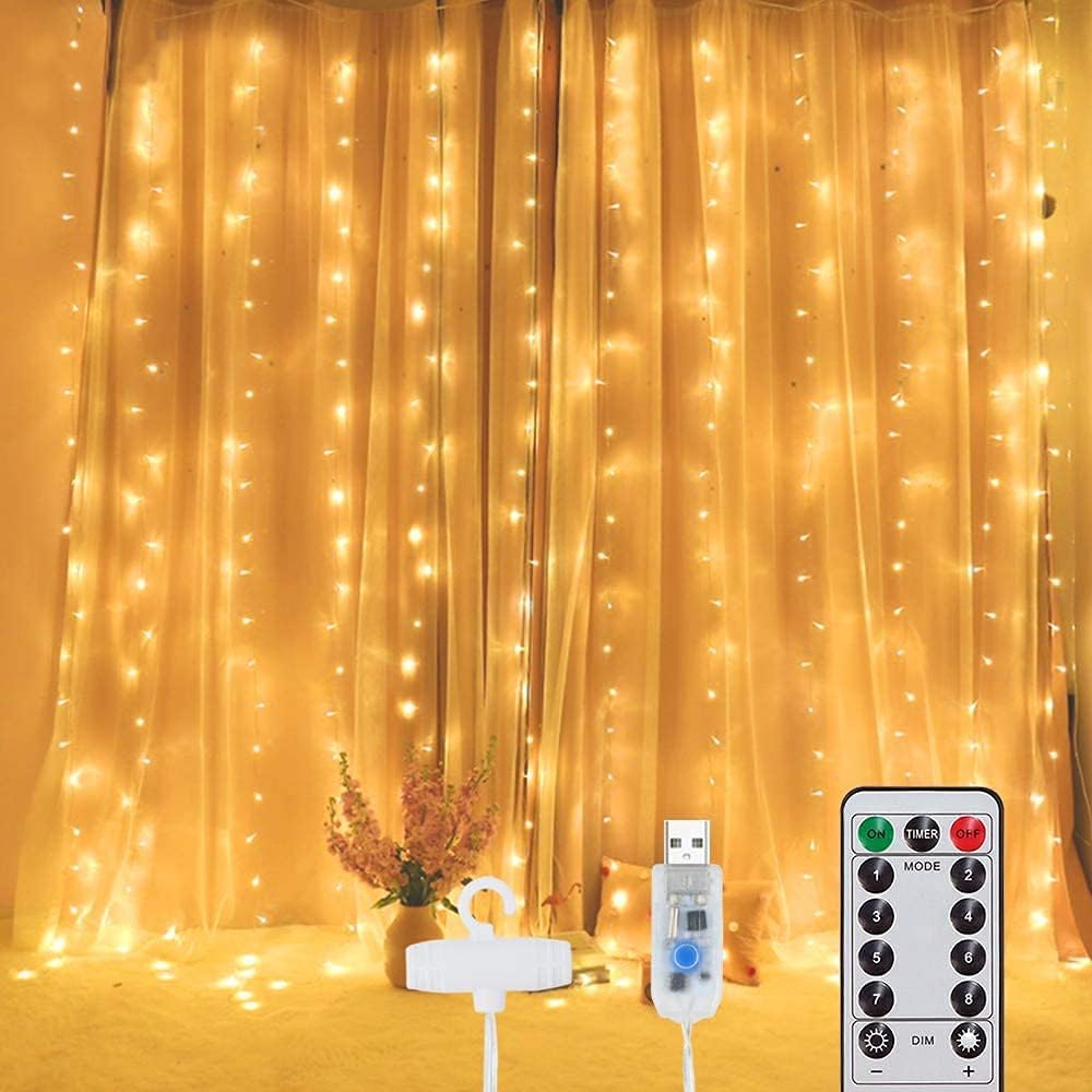 MOONCEE Fairy Curtain Light with 300 LED, Remote Control 8 Lighting Modes USB Powered String