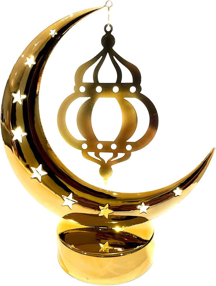 MOONCEE Gold Metal Table Crescent Light, Hanging Lantern Light Muslim Night Light (Warm White)