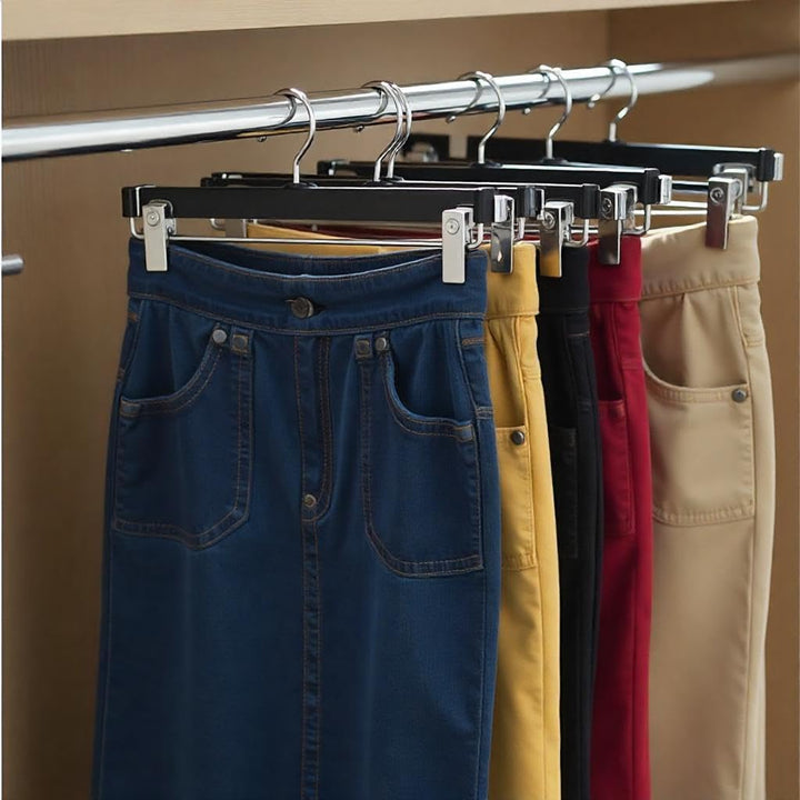 Premium High-Grade Wooden Pants Hangers - Non-Slip Grip With Adjustable Metal Clips