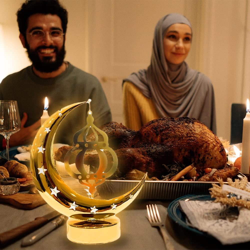 MOONCEE Gold Metal Table Crescent Light, Hanging Lantern Light Muslim Night Light (Warm White)