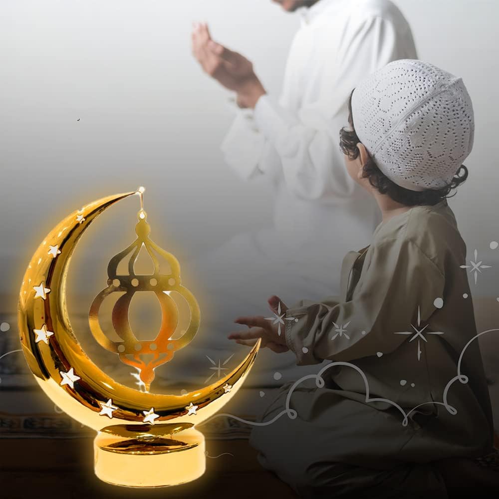 MOONCEE Gold Metal Table Crescent Light, Hanging Lantern Light Muslim Night Light (Warm White)