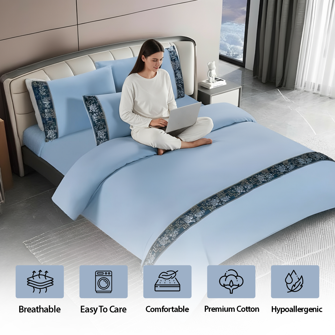 Pattern Border King Bed Sheets 6 PCs Set  – Cotton Fitted Sheet, Duvet & Pillowcases (6TQ17)