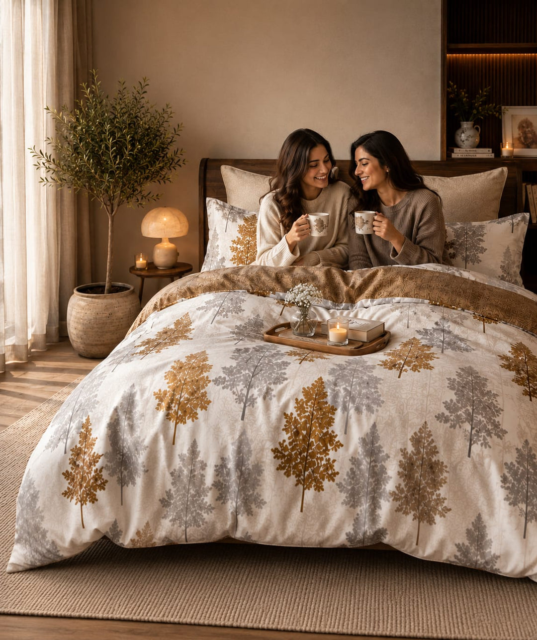 The bed is made with a cream bed set king size and matching pillow shams featuring a pattern of trees in muted gold and gray tones, along with a brown throw blanket.