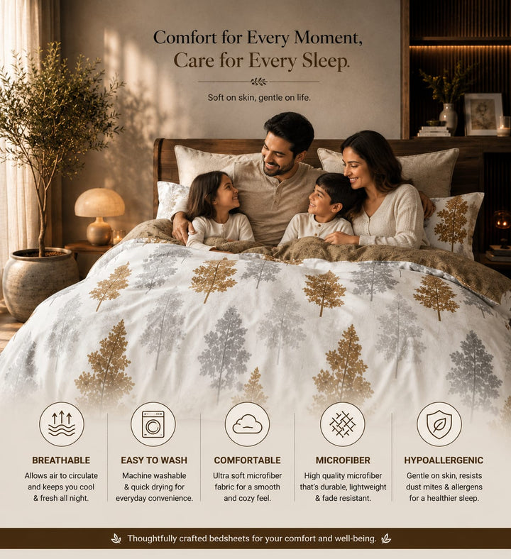 A family lying in bed under a white duvet cover set with a gold tree pattern in a warmly lit bedroom. Text at the top reads, &