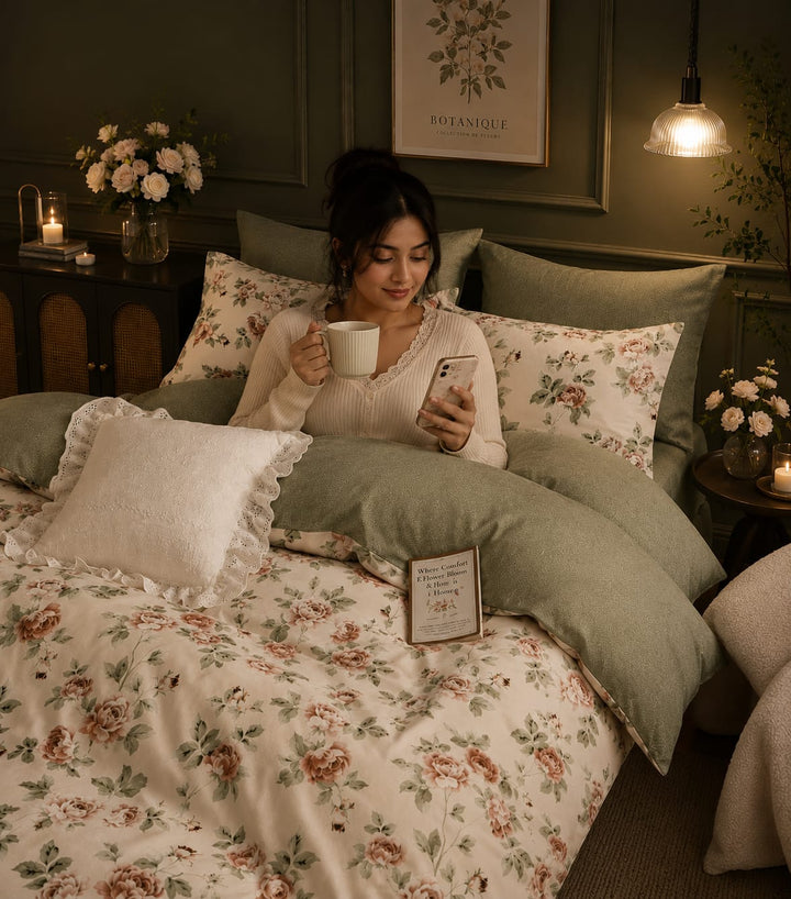 The bed is styled with a floral duvet cover and matching pillowcases in sage green and cream, accented by solid sage green pillows and a white ruffled accent pillow.