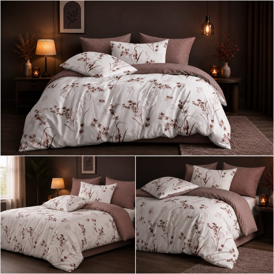 A three-panel collage showing a bed dressed in a floral bedsheets aesthetic
 set in a dark, cozy bedroom. The set includes a white duvet cover and matching pillow shams with a brown and beige botanical pattern, paired with taupe pillows.