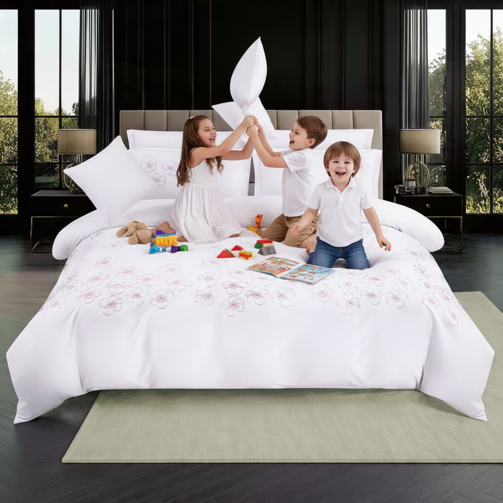 Floral embroidered white bedding set for modern bedroom décor