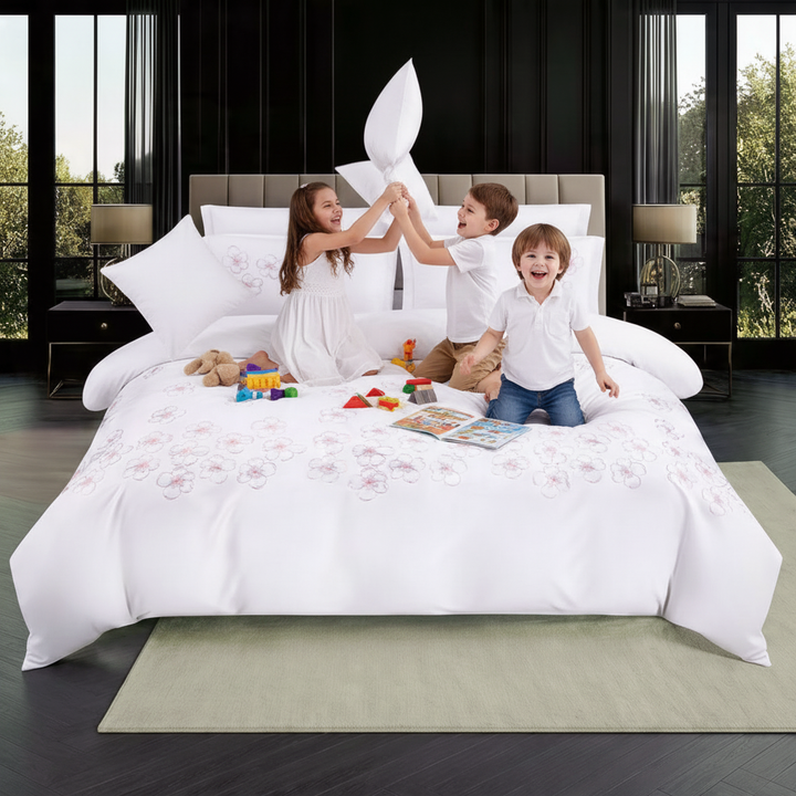 Floral embroidered white bedding set for modern bedroom décor