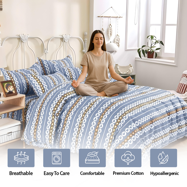 King Size 6 Pcs Cotton  Bed Sheet Set – Duvet Cover, Fitted Sheet & Pillow Covers (MNC28)