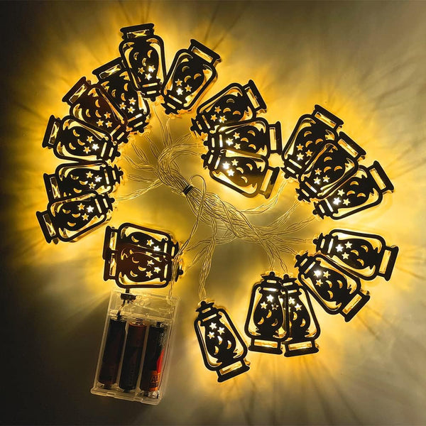 lantern-shaped LED string lights with warm yellow glow