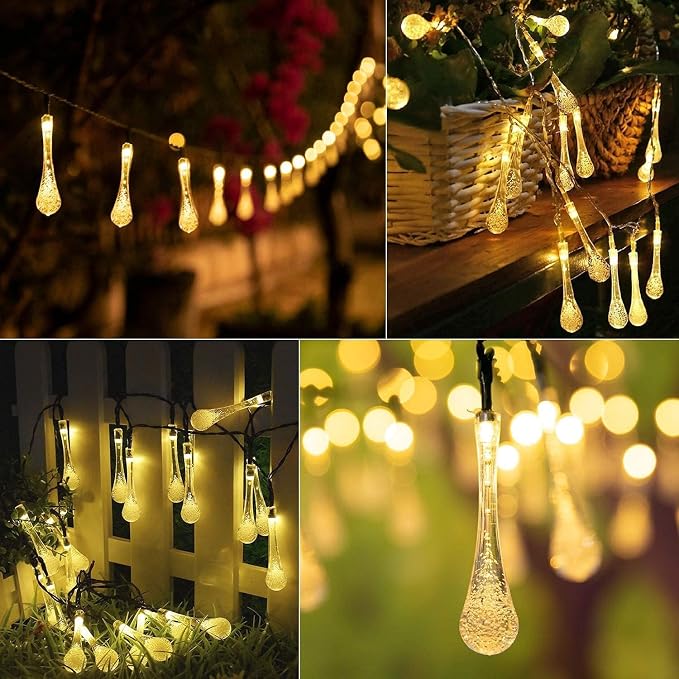 30 LED Solar Waterdrop LED String Lights with Warm White Glow for Outdoor Garden Décor