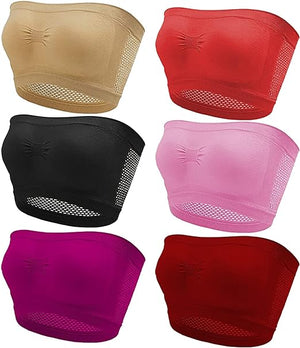 A set of five women's tube top sports bras in various colors: beige, black, pink, purple, and red.