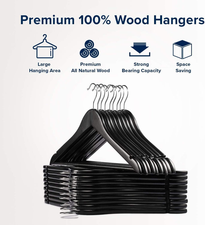MOONCEE Black Wooden Hangers - Non Slip Wood Clothes Hanger for Suits and Pants