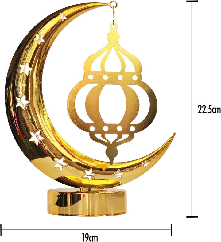 MOONCEE Gold Metal Table Crescent Light, Hanging Lantern Light Muslim Night Light (Warm White)