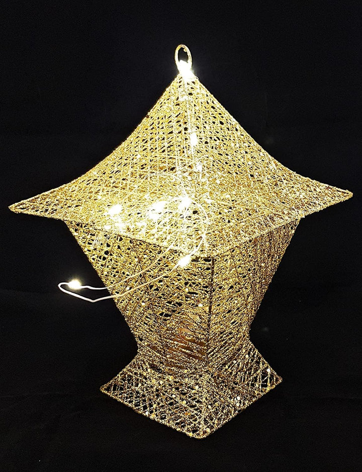 MOONCEE 3D 30 cm Ramadan Decoration Hanging Lantern, Golden Lighting Lamp 20 LED Battery Power