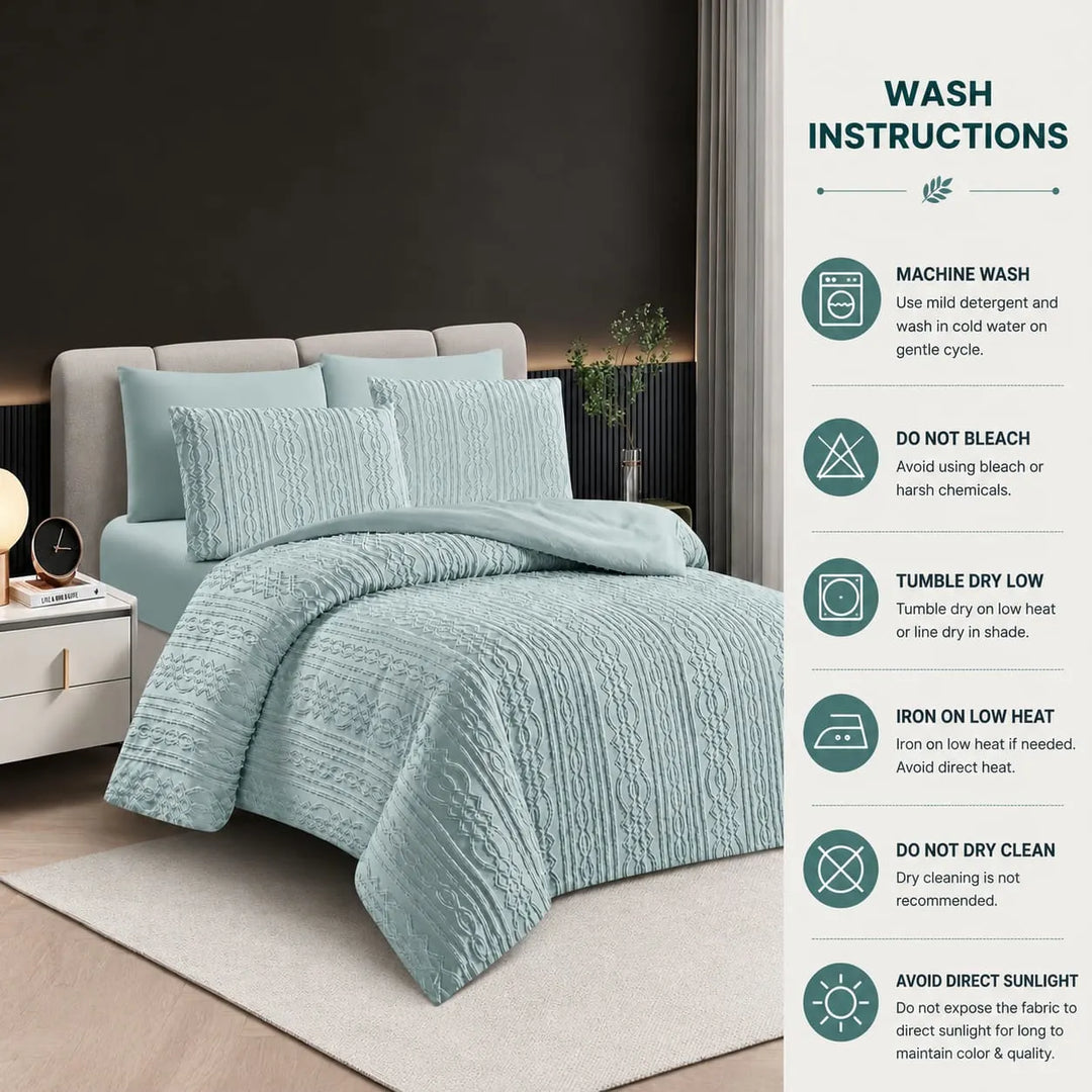 A bed dressed in a light aqua ribbed quilt and matching pillow shams in a modern bedroom setting, with a vertical &