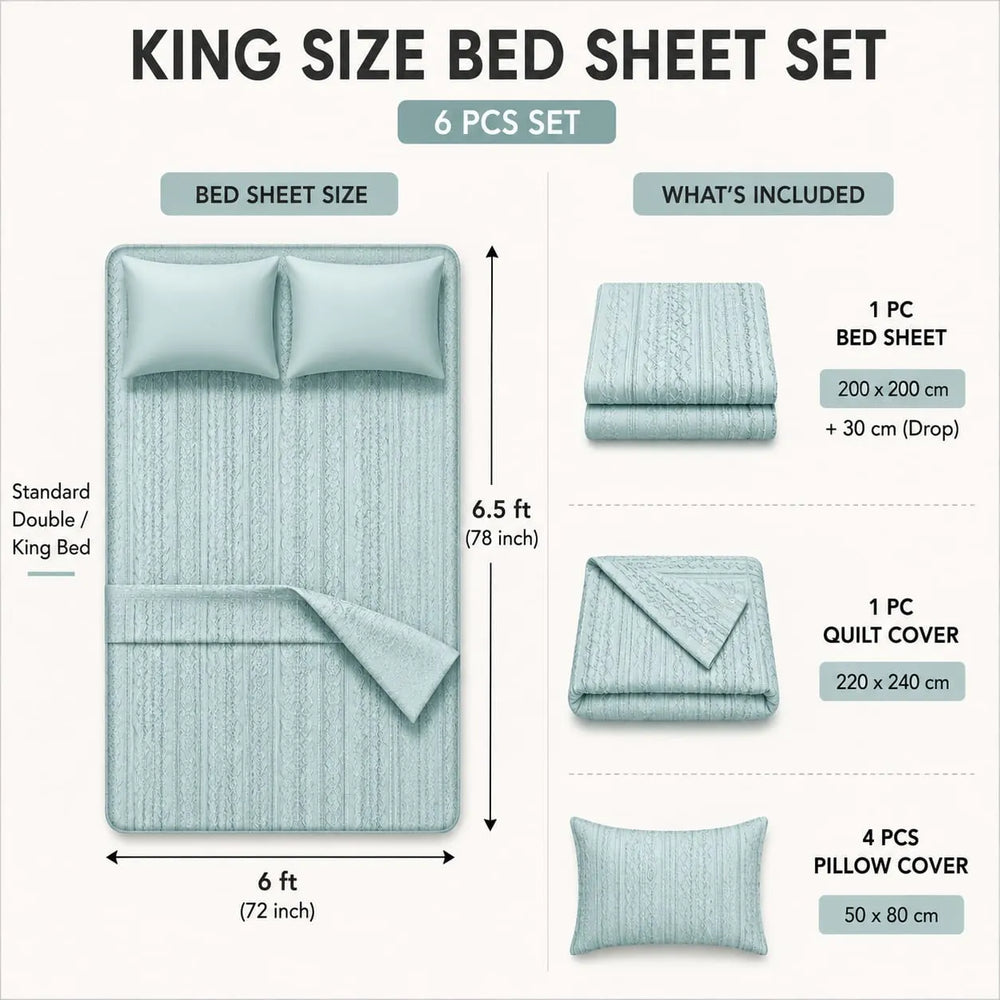King size bed sheet set infographic showing a 6-piece set including a bed sheet, quilt cover, and pillow cover in a light blue textured fabric. The graphic displays the bed dimensions (6 ft by 6.