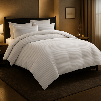 White striped comforter with fitted sheet, pillowcases, and pillow shams on hotel style bed