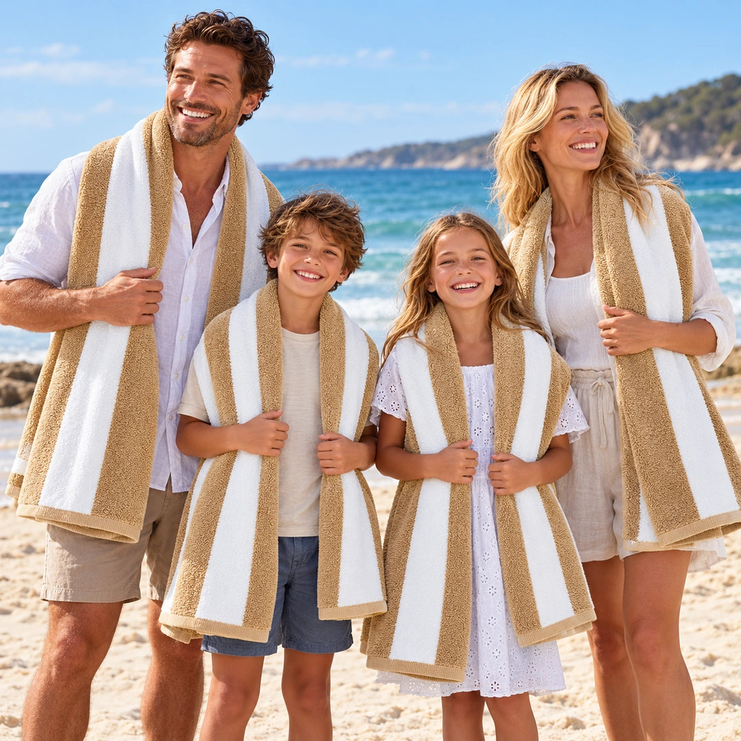Stack of beige striped towels with white bands for bathroom comfort