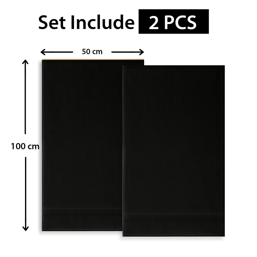 Two black spa towel with dimensions and quantity information 