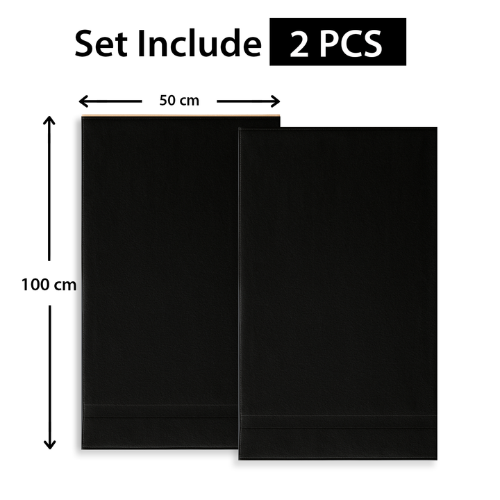 Two black spa towel with dimensions and quantity information 