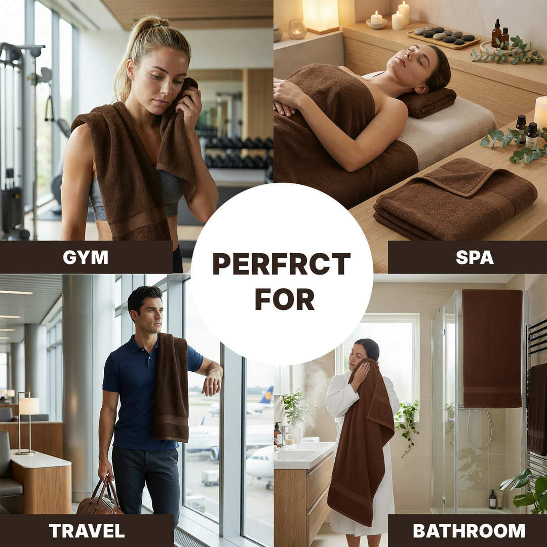 Brown spa towel being used in various settings including gym, spa, travel, and bathroom.