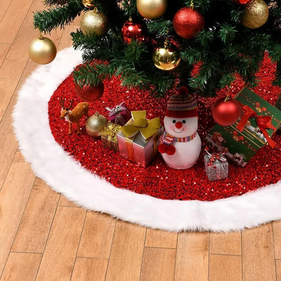 MOONCEE Red Sequin Christmas Tree Skirt 78CM – Plush Fur Trim Xmas Decoration Mat