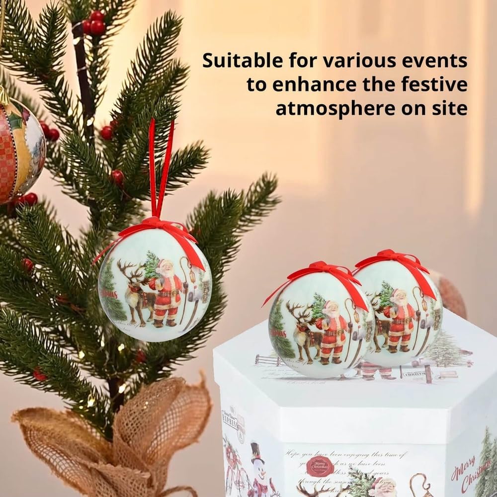Holiday Christmas Tree Ornaments – 14 Pcs Hanging Balls & Gift Box Set (White-Santa)