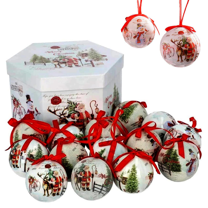 Holiday Christmas Tree Ornaments – 14 Pcs Hanging Balls & Gift Box Set (White-Santa)